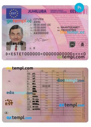 Estonian driving license download PSD example, fully editable