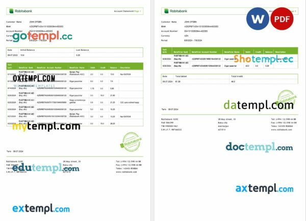 Azerbaijan Rabitabank bank statement Word and PDF example