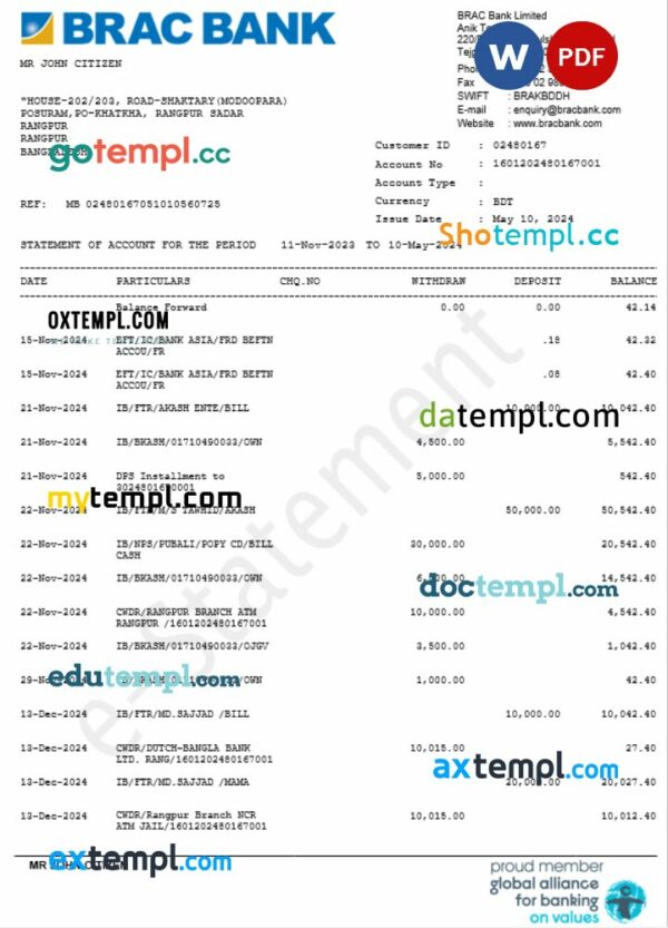 Bangladesh BRAC Bank statement Word and PDF example