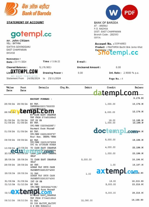 Baroda Bank of Baroda statement Word and PDF example