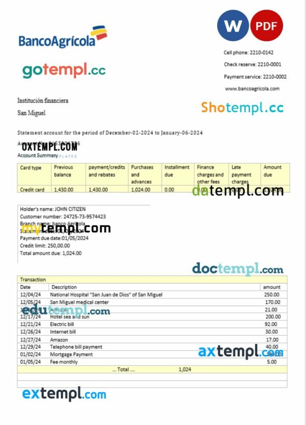 Dominian Republic Banco Agricola bank statement 3 - 6 months Word and PDF example