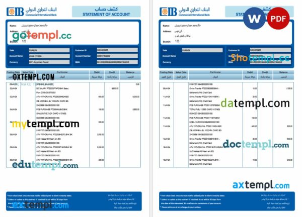 Egypt CIB bank statement 3 - 6 months Word and PDF example, 3 pages