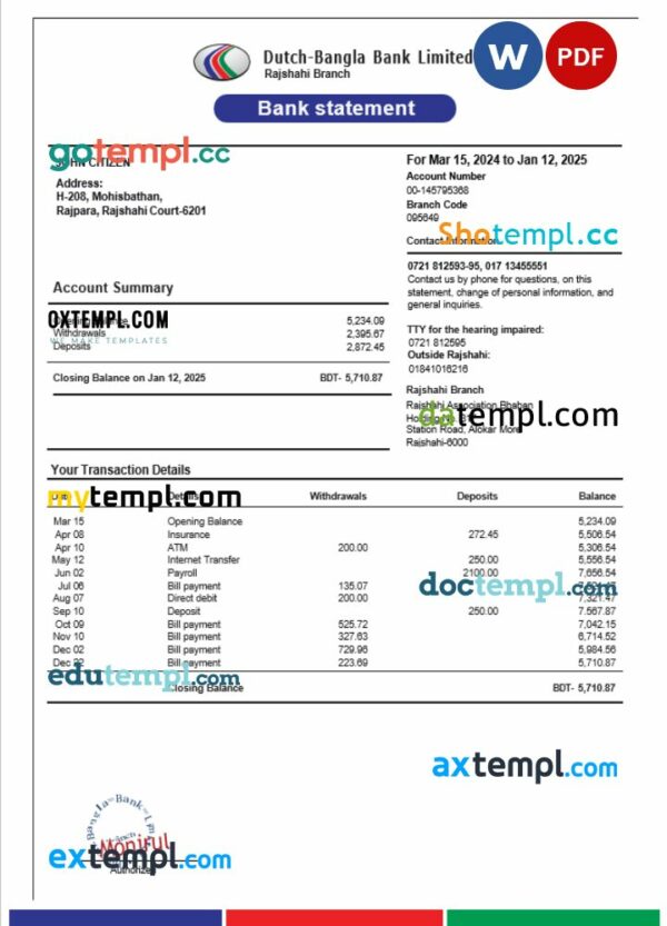 Germany Dutch bank statement 3 - 6 months Word and PDF example