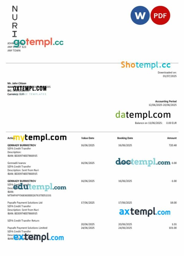 Germany Nuri bank statement 3 - 6 months Word and PDF example