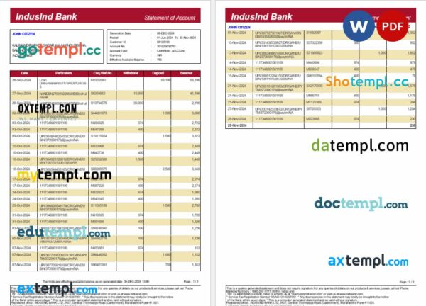 India Induslnd bank statement 3 - 6 months Word and PDF example, 2 pages