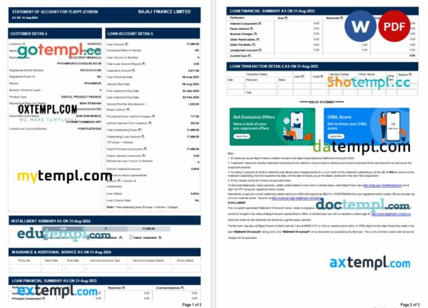 India Bajaj Finance Limited bank statement 3 - 6 months Word and PDF example, 3 pages