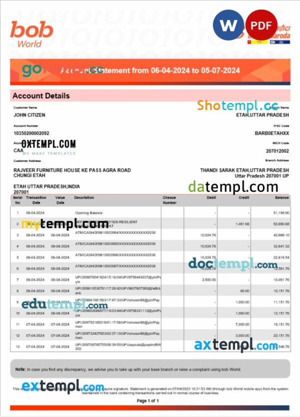 India Bob Bank of Boroda bank statement Word and PDF template