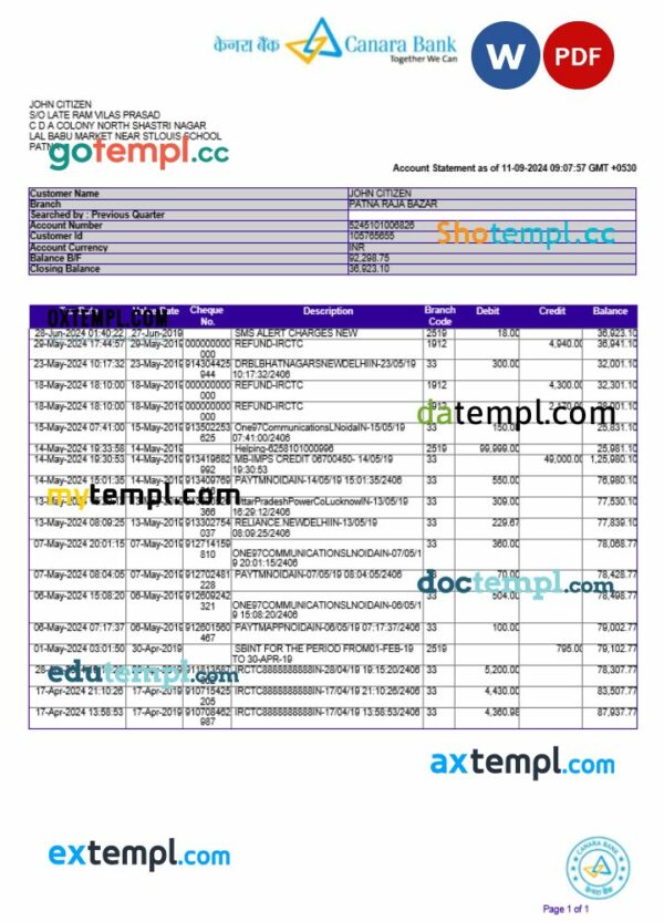 India Canara bank statement 3 - 6 months Word and PDF example, version 2