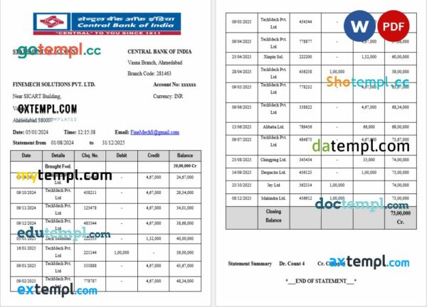 India Central Bank of India statement Word and PDF template, 2 pages