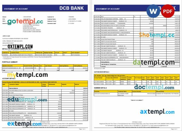 India DCB bank statement Word and PDF template, 2 pages