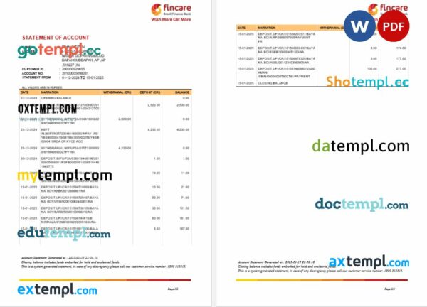 India Fincare bank statement 3 - 6 months Word and PDF example, version 2, 2 pages