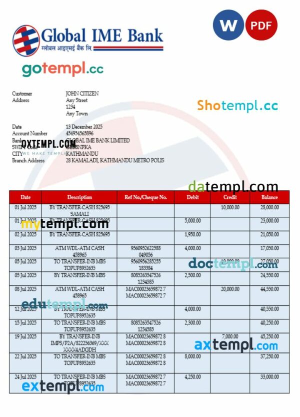 India Global Ime ank statement Word and PDF template