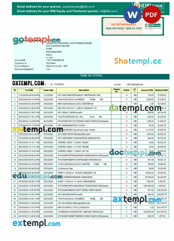 India IDFC First bank statement 3 - 6 months Word and PDF example, version 2