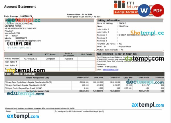 India ITI Mutual Fund statement Word and PDF example