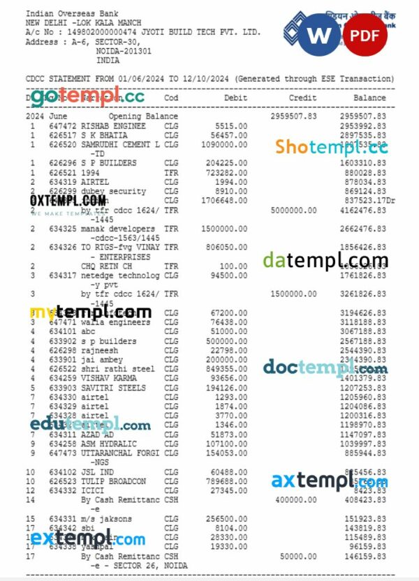 India Indian Overseas bank statement 3 - 6 months Word and PDF example