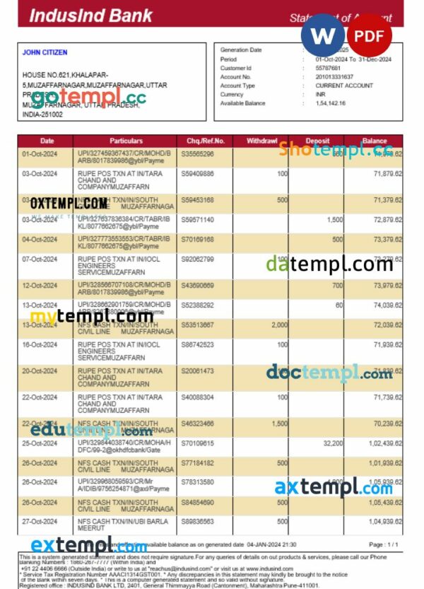 India Indusind bank statement Word and PDF template