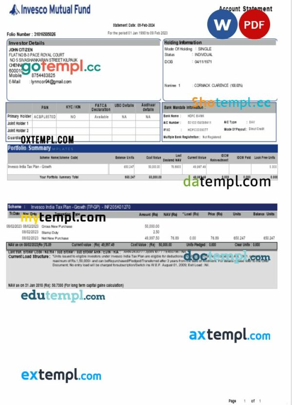 India Invesco Mutual Fund bank statement Word and PDF template