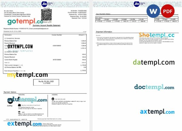 India Jio Digital Life bank statement 3 - 6 months Word and PDF example, version 2, 2 pages