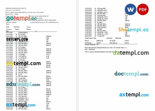 India Karmachari Bah bank statement 3 - 6 months Word and PDF example