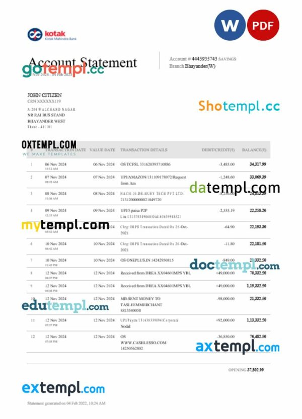 India Kotak bank statement Word and PDF example