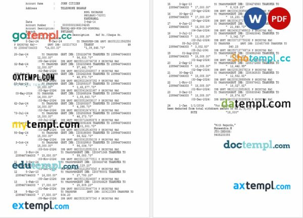 India Phulbani Bank of India statement Word and PDF example, 2 pages