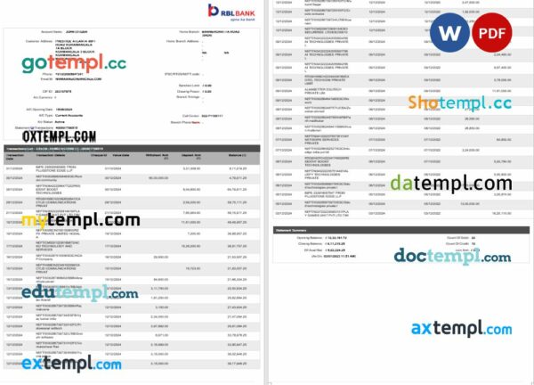 India RBL bank statement 3 - 6 months Word and PDF example, 2 pages