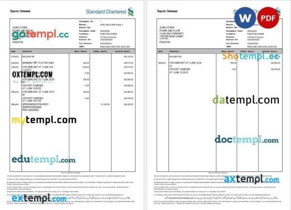 India Standard Chartered bank statement 3 - 6 months Word and PDF example, 2 pages