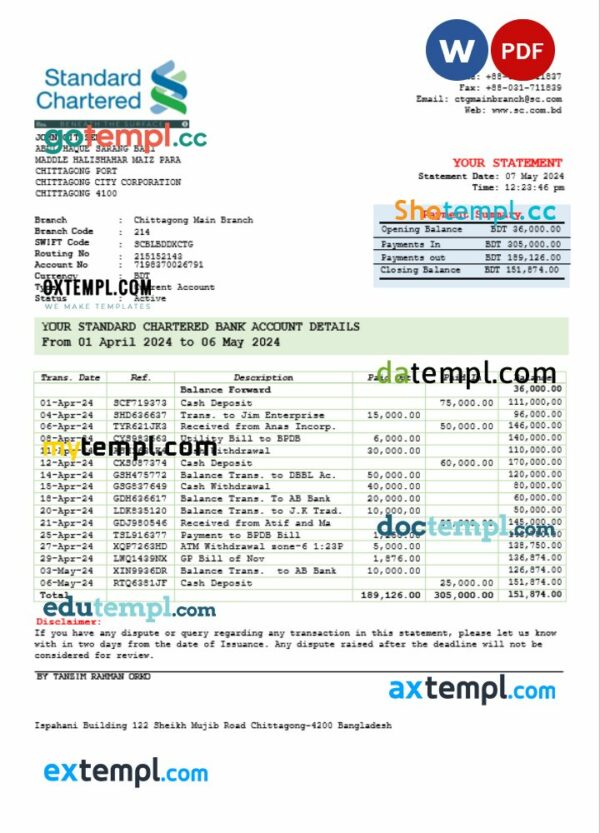 India Standard Chartered bank statement 3 - 6 months Word and PDF example, version 2