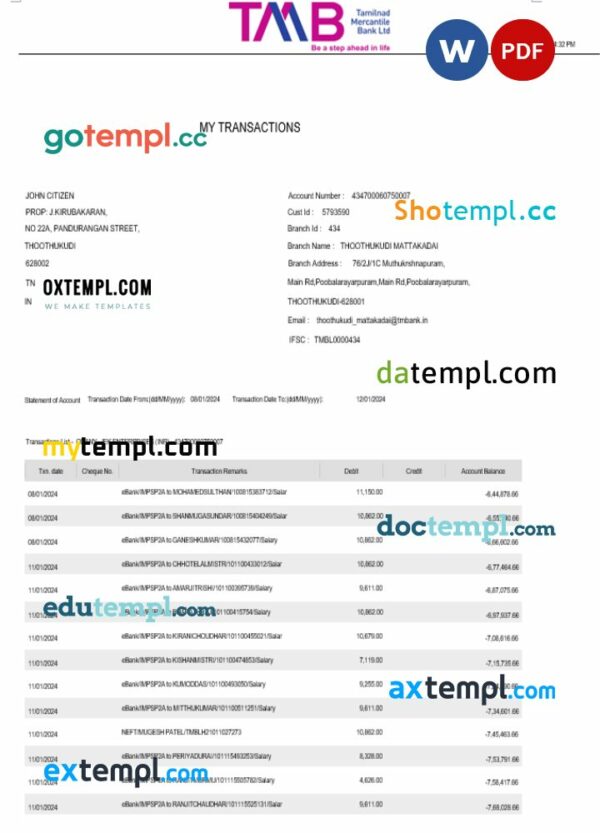 India TAB bank statement 3 - 6 months Word and PDF example