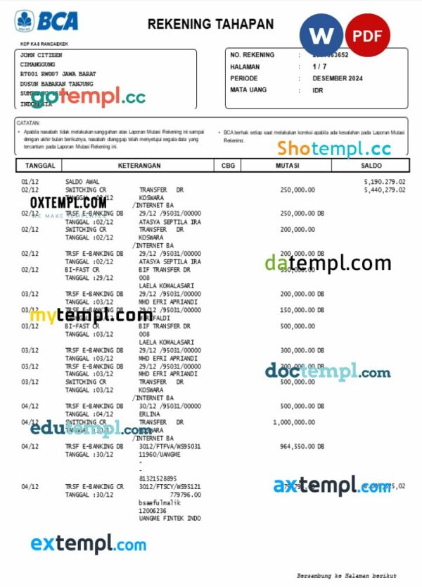 Indonesia BCA bank statement 3 - 6 months Word and PDF example, version 2