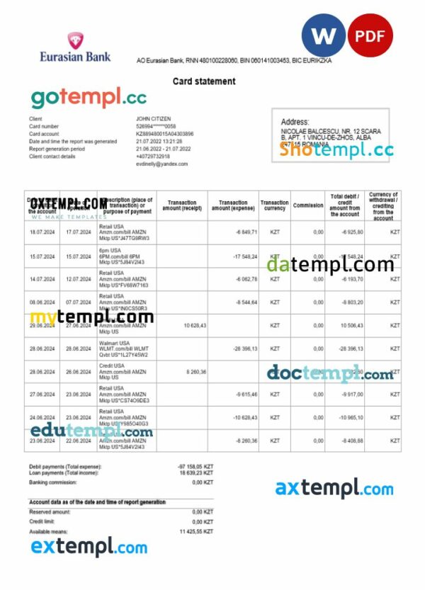 Kazakhstan Eurasian bank statement 3 - 6 months Word and PDF example