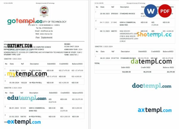 Kenya Muranga University of Technology fee statement Word and PDF example, 2 pages