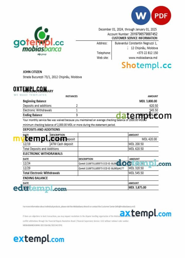 Moldova Mobiasbanca statement Word and PDF example