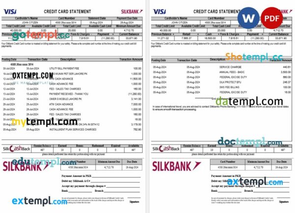 Pakistan Silkbank statement Word and PDF template, 2 pages