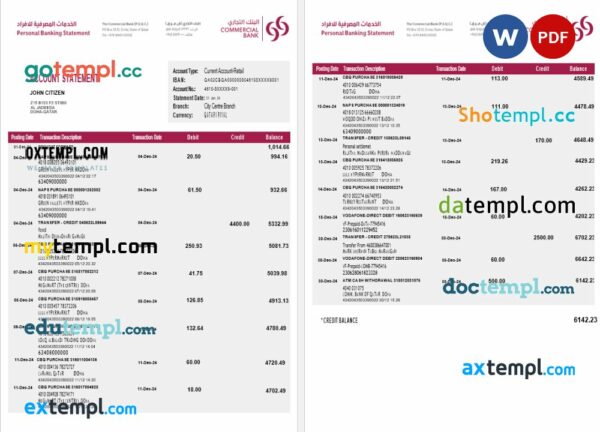 Qatar Commercal Bank statement Word and PDF example, 2 pages