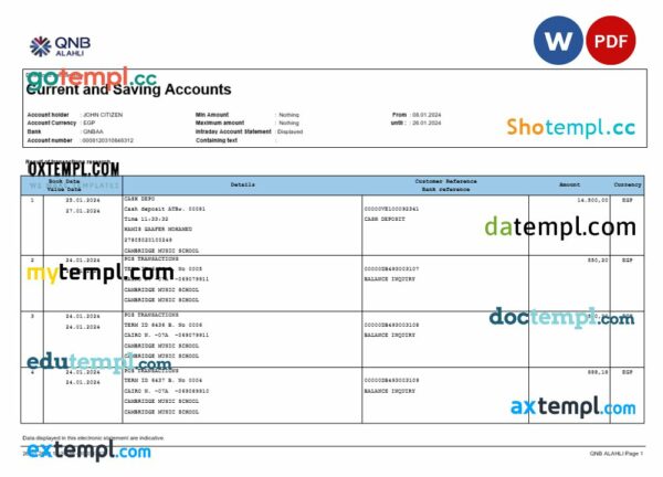 Qatar QNB Alahli bank statement 3 - 6 months Word and PDF example, version 2