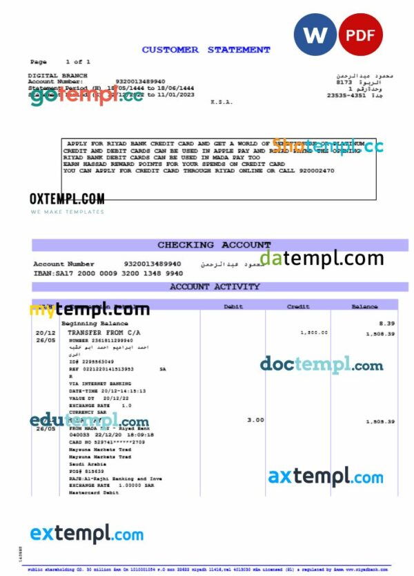 Saudi Arabia Riyad Bank statement Word and PDF example