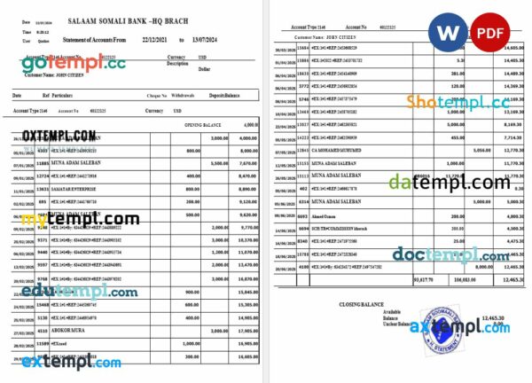 Somali Salaam Somali bank statement Word and PDF template, 2 pages