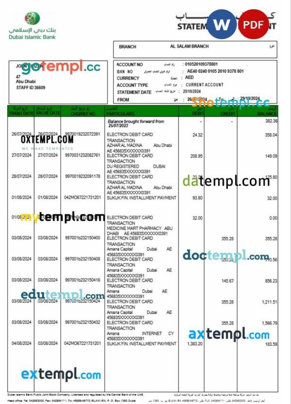 UAE Dubai Islamic bank statement 3 - 6 months Word and PDF example