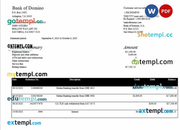 USA Bank of Domino bank statement 3 - 6 months Word and PDF example