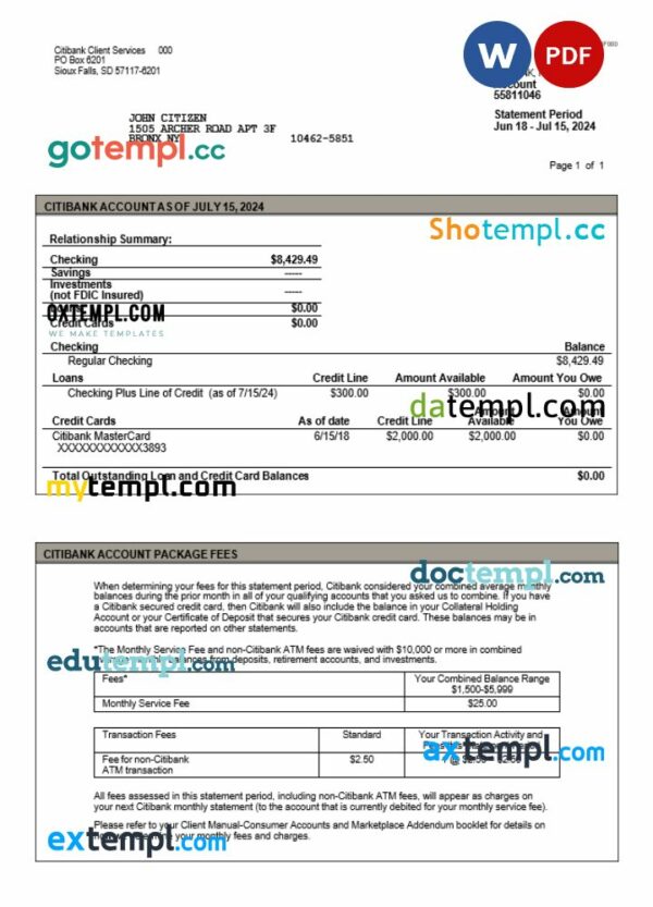 USA Citibank statement Word and PDF example, version 3