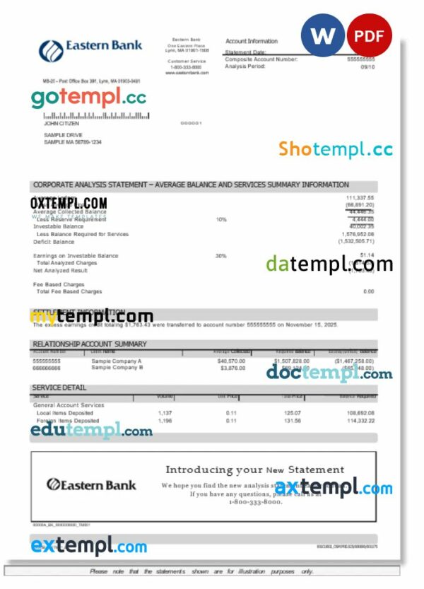 USA Eastern Bank statement Word and PDF example