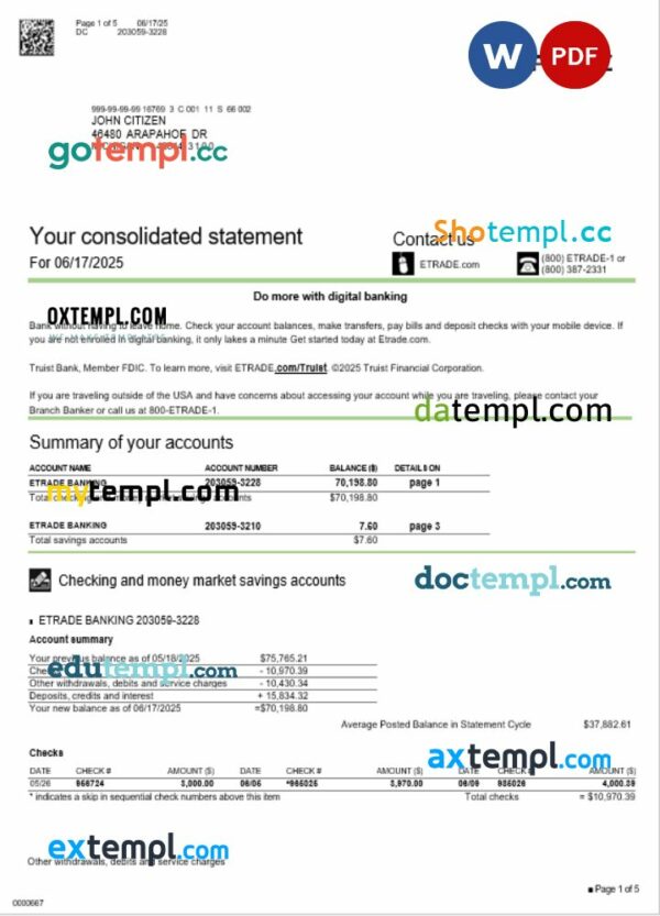 USA Etrade bank statement 3 - 6 months Word and PDF example