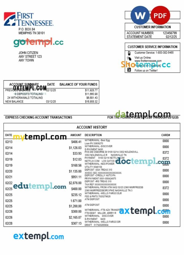 USA First Tennessee bank statement 3 - 6 months Word and PDF example