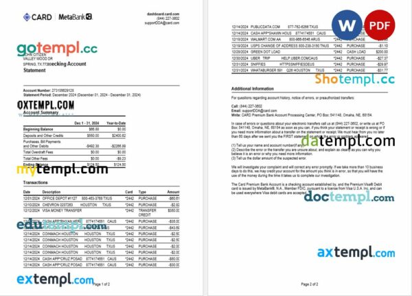 USA Meta Bank card statement Word and PDF example, 2 pages