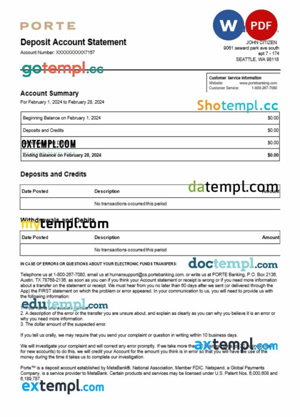 USA Meta Bank statement Word and PDF template