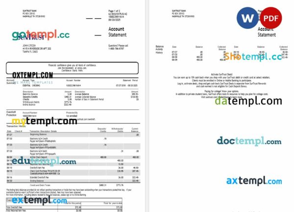 USA Suntrust bank statement 3 - 6 months Word and PDF example, 2 pages