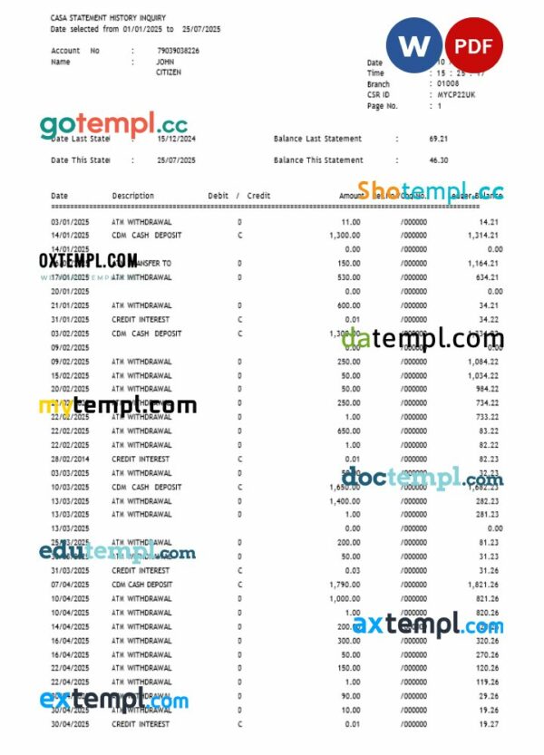 USA Washington bank statement 3 - 6 months Word and PDF example