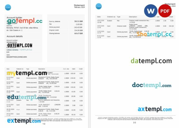 Ukraine Icard bank statement 3 - 6 months Word and PDF example, 2 pages