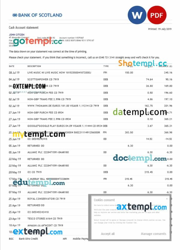 United Kingdom Bank of Scotland statement Word and PDF example